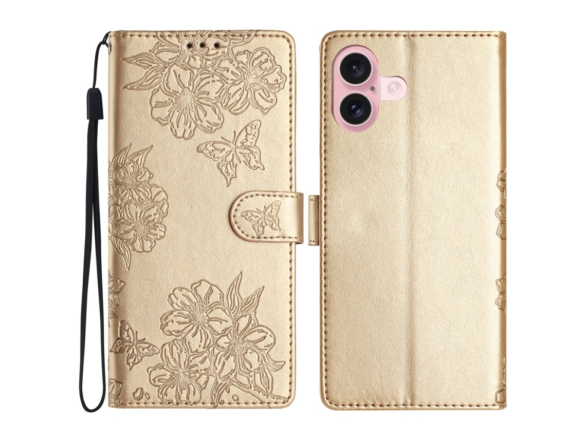 Capa Em Couro Pu Padrão De Flor E Borboleta Para Apple Iphone 16 Plus - Ouro