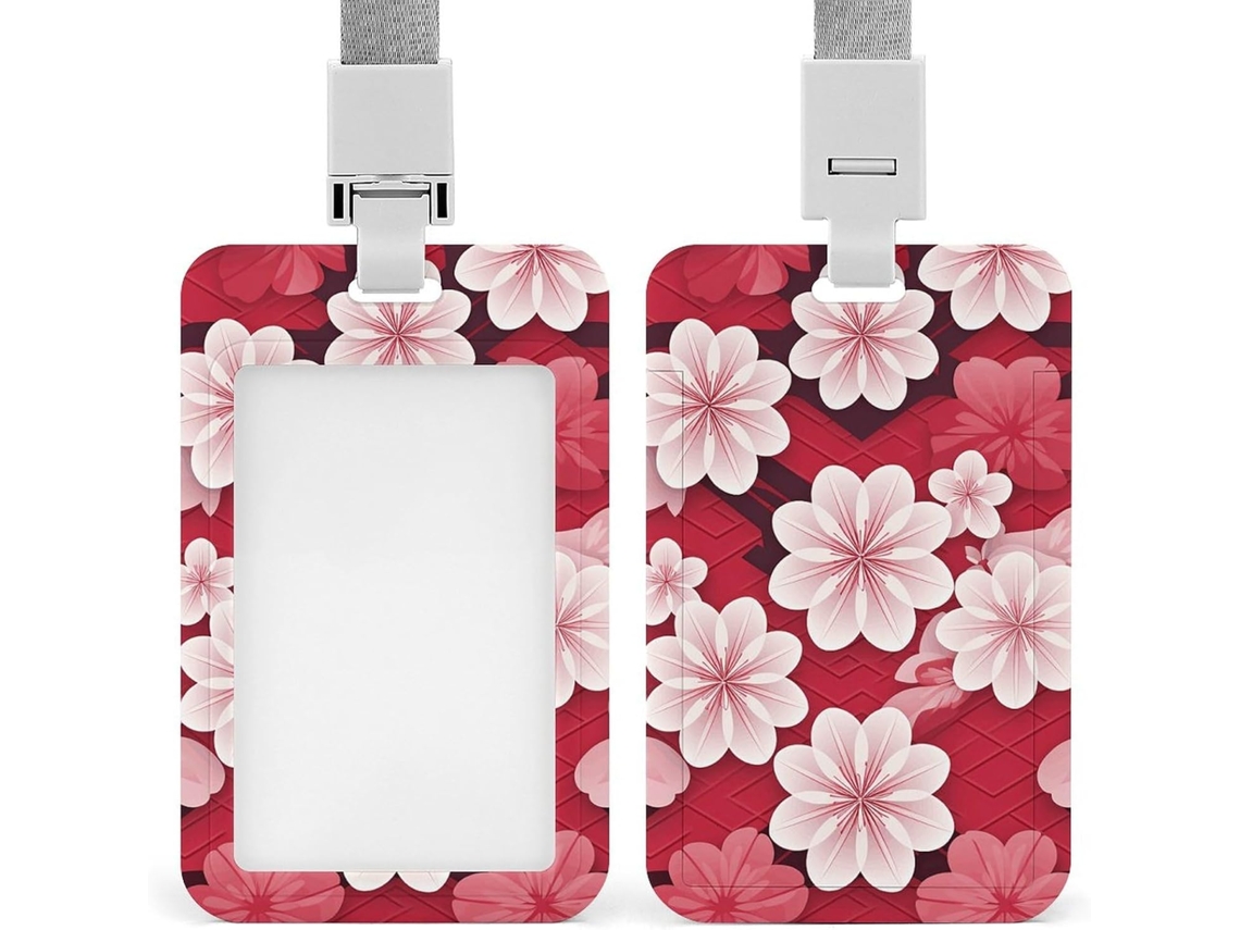 Porta Crachá Com Clipe, Lindo Porta Cartões Com Estampa Repetida De Flores Cerejeira E Cordão, Ideal Escritórios