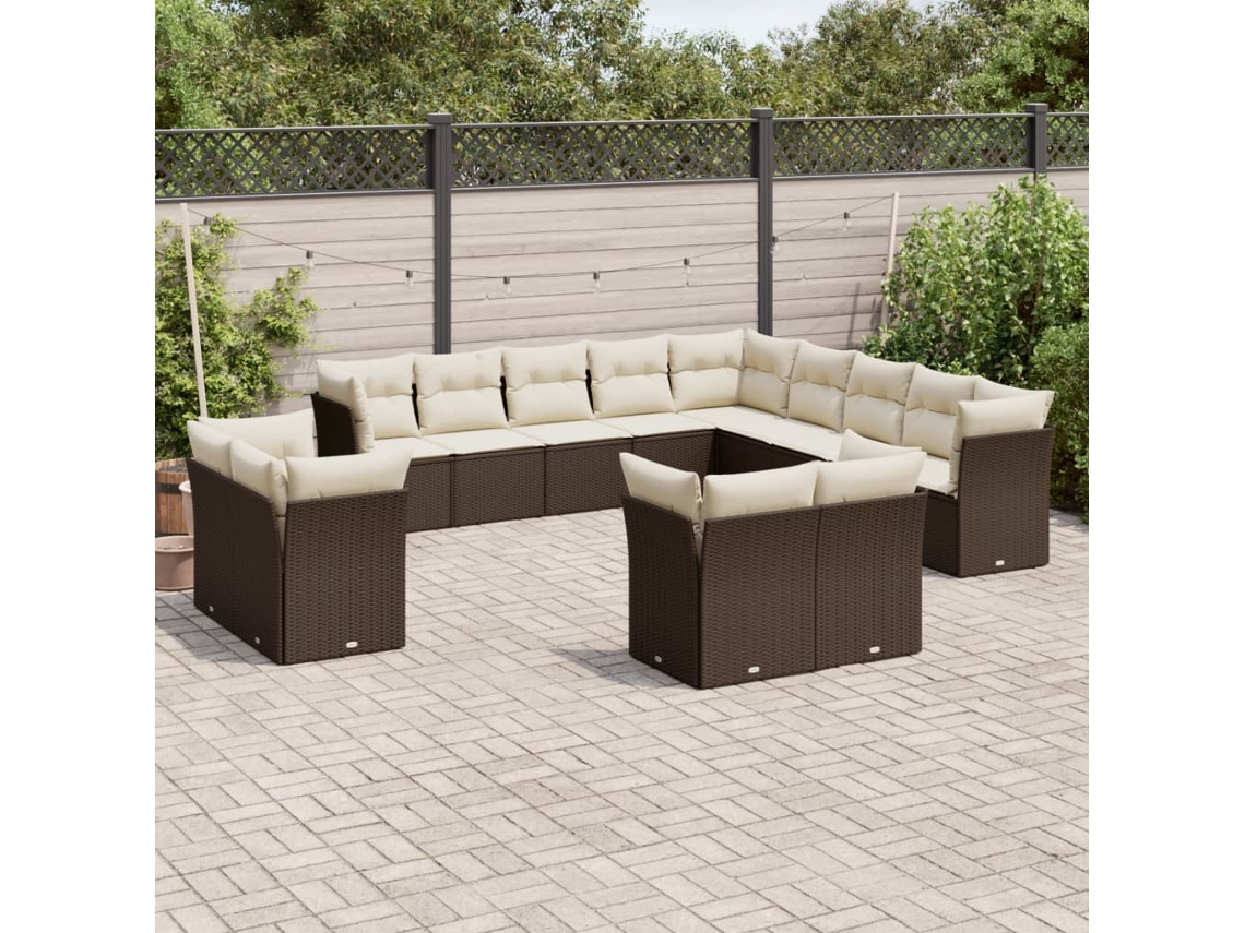 13 Pcs Conjunto Sofás P/ Jardim C/ Almofadões Vime Pe Marrom Dkd Home Decor