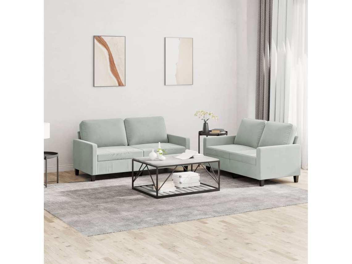 Vidaxl 2 Pcs Conjunto De Sofás Com Almofadões Veludo Cinzento-claro