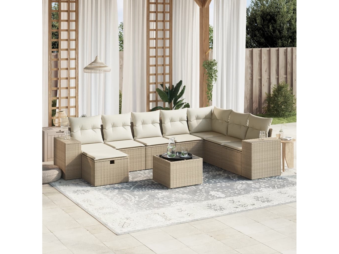 Vidaxl 9 Pcs Conjunto De Sofás P/ Jardim Com Almofadões Vime Pe Bege