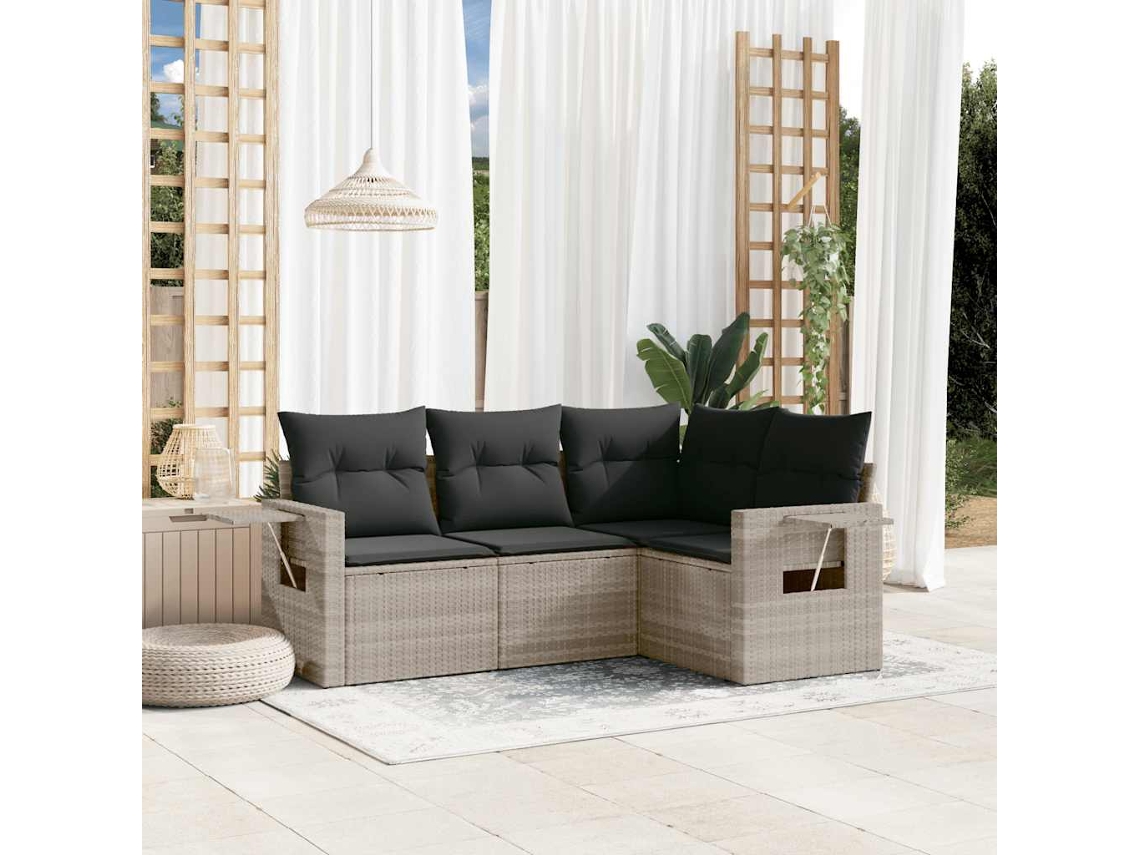 Vidaxl 4 Pcs Conj. Sofás Jardim C/ Almofadões Vime Pe Cinzento claro