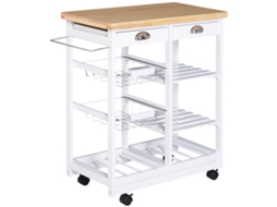 Carrinho de Cozinha Multiuso com 2 Gavetas. 2 Prateleiras e 2 Cestos. em Pine Wood. 74x37x76 Cm. Branco Ge