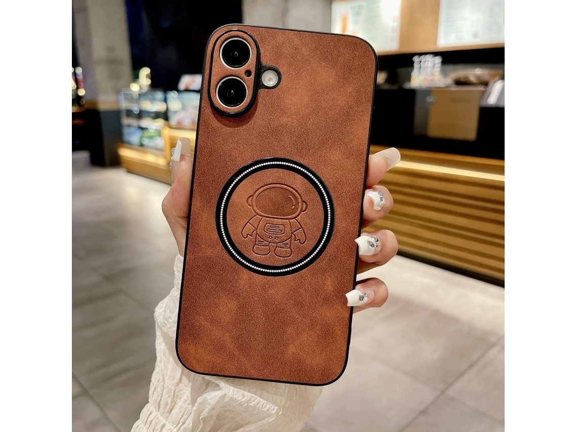 Capa Para Iphone 17 Pro Max Em Couro De Cordeiro Marrom Magnético Com Estampa De Astronauta E Desenho Simples.