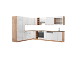 Cozinha de canto Fame-Line, 257 x 60 cm, PT Carvalho, Branco brilhante/Carvalho dourado VICCO