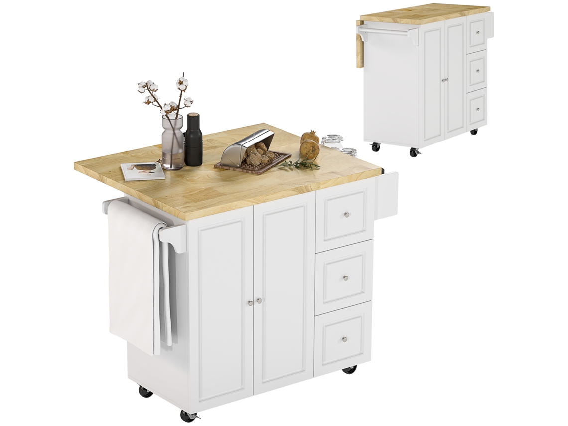 Carrinho auxiliar para ilha de cozinha VISTA com tampo dobrável, 3 gavetas, armário, suporte para toalhas, porta temperos, 111,5x75x89cm, branco