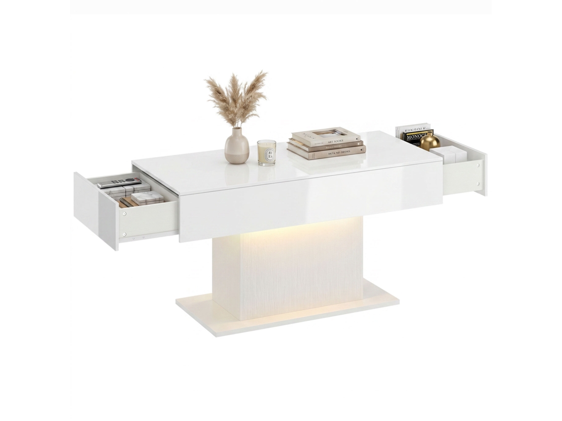 Mesa De Centro Led Moderna Com 2 Gavetas, Comando À Distância E Arrumação, Branco Brilhante