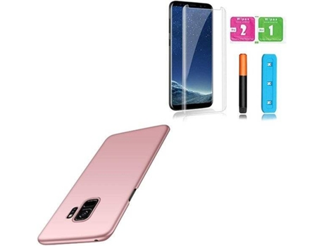 Kit Capa/Película de Vidro Nano Curved UV e Suporte Magnético Auto Samsung Galaxy S9 Plus PHONOCARE SlimShield Rosa