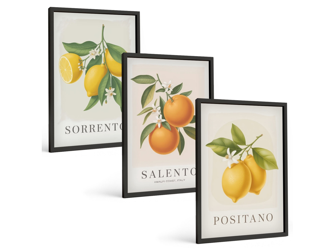 Conjunto De Pinturas Limões, Laranjas, Amalfi Espelharte (3 Peças 40x60 Cm)
