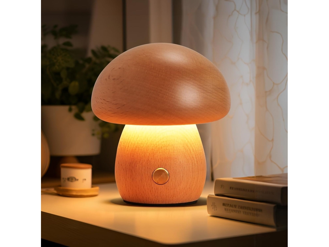 Luminária de Cabeceira Led Sem Fio com Sensor Toque, Pequena Luminária de Madeira em Formato Cogumelo BRILVIBERA