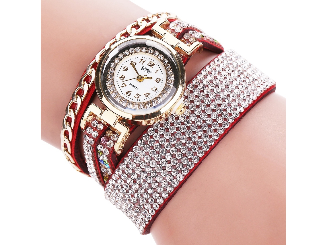 Relógio de Pulso Feminino Quartzo Camurça Multicamada com Strass Cor Vermelha