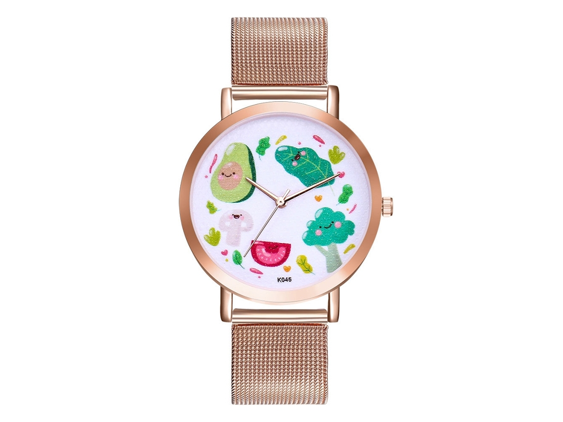 Relógio de quartzo unissex com mostrador clássico e pulseira de aço inoxidável na cor ouro rosa, estilo casual.