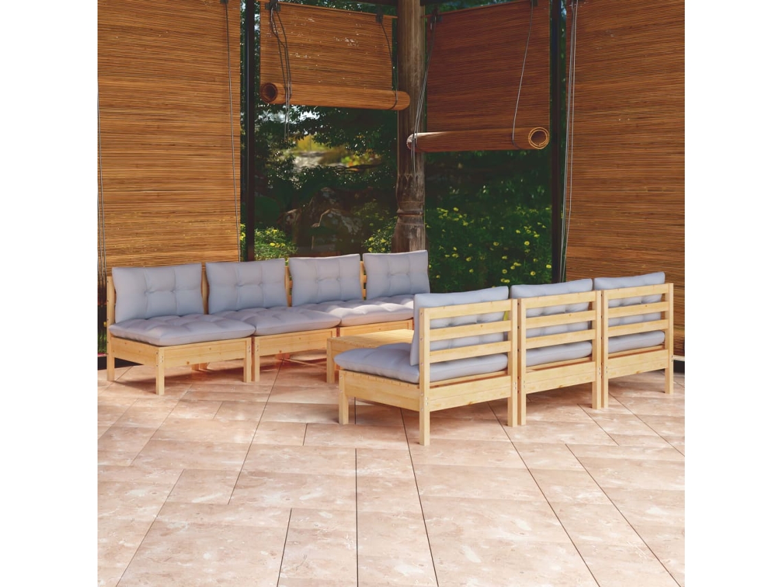 Vidaxl 8 Pcs Conjunto Lounge De Jardim C/ Almofadões Cinzentos Pinho