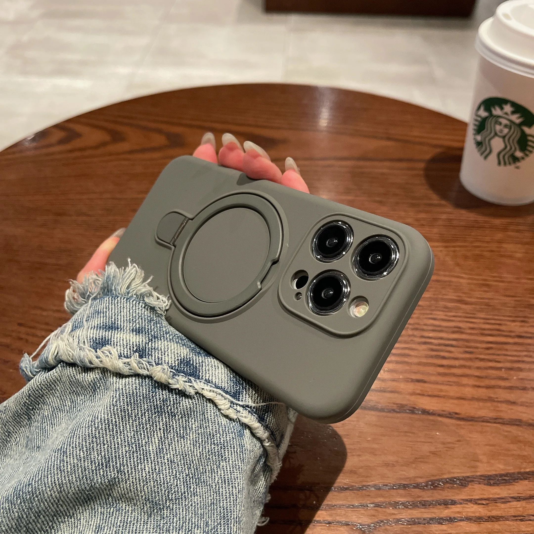Capa De Celular Com Suporte Magnético Em Silicone Líquido (cinza) Para Iphone 12 Pro Max