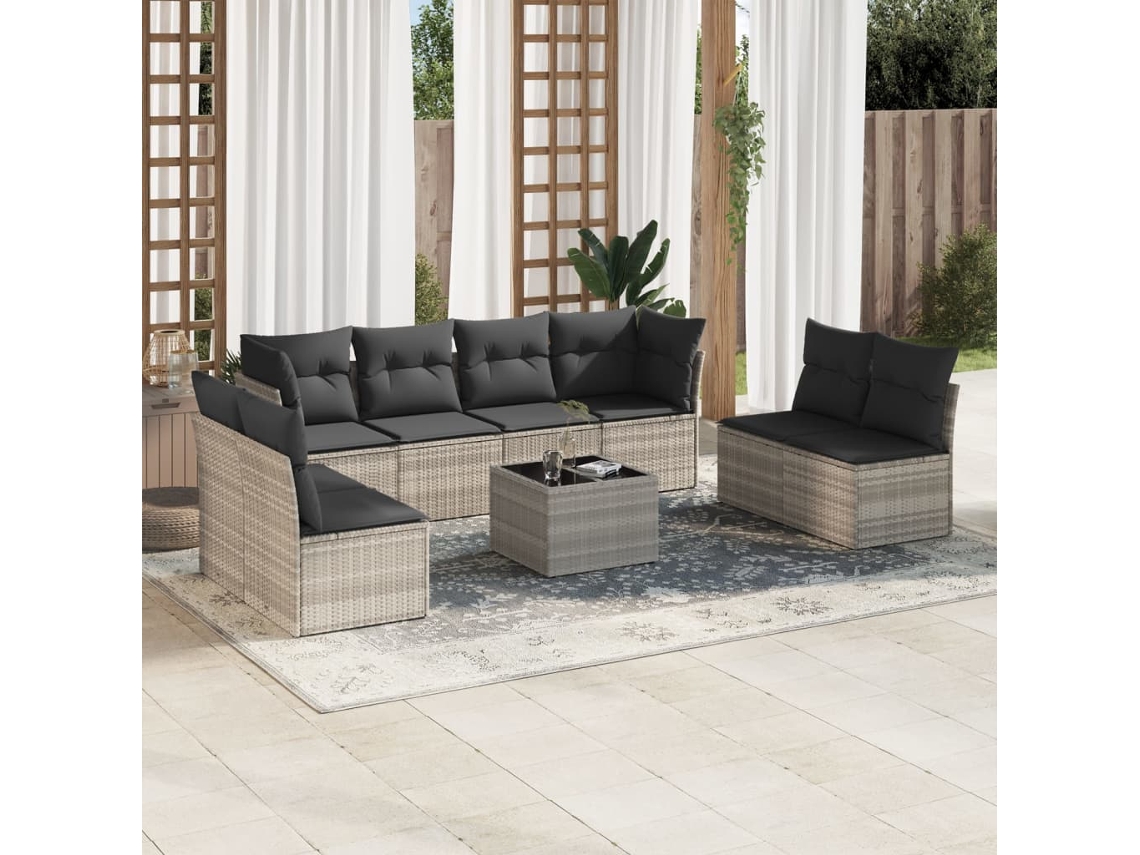 Vidaxl 9 Pcs Conj. Sofás Jardim Com Almofadões Vime Pe Cinzento-claro