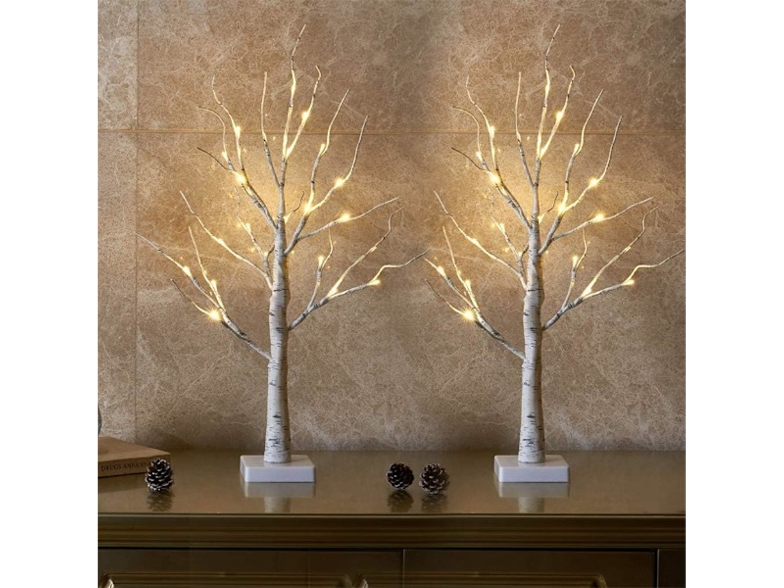 Conjunto de 2 Pequenas Árvores Natal com Galhos Bétula, Iluminadas com 24 Luzes Led Brancas Quentes, Alimentadas por Bateria BRILVIBERA