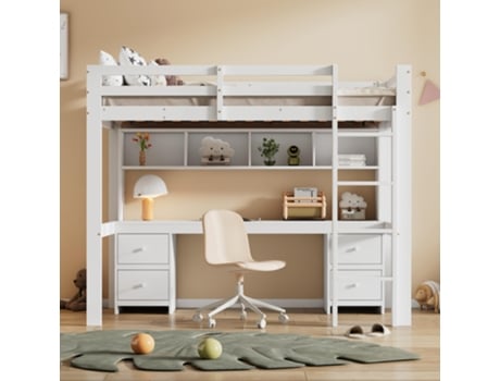 Beliche 90x200cm Cama Infantil Escrivaninha Gavetas Estante Cama De Solteiro Estrutura Ripas Grade Escada Juventude Adulto Dormitório Branco Flieks