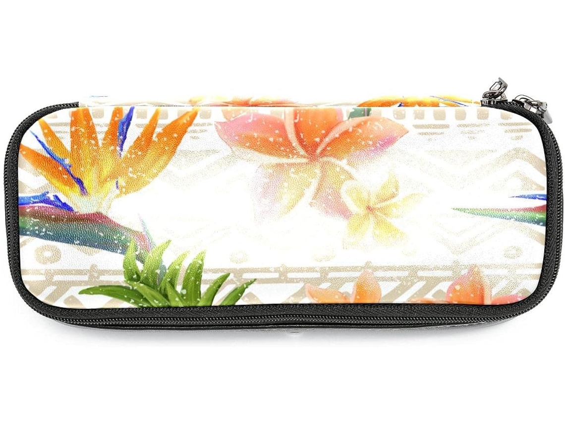 Amplo espaço de armazenamento com estampa de flores tropicais e abacáxi, organizador de canetas, essencial para mochila escolar.