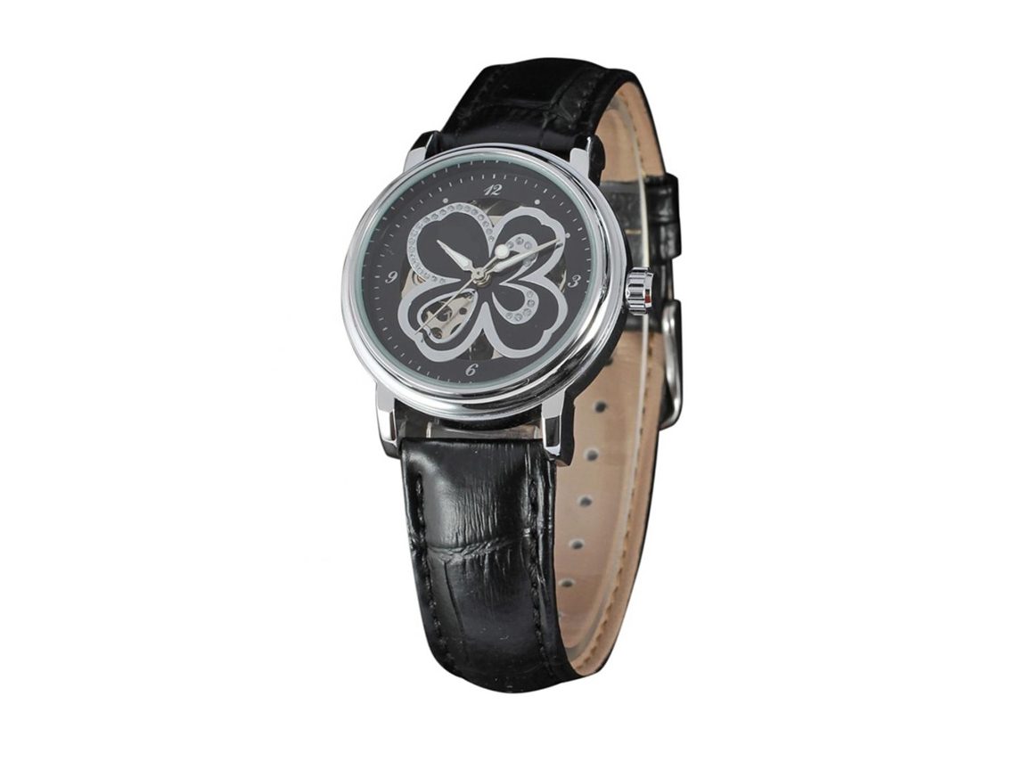 Relógio de Pulso Feminino Automático Casual com Pulseira Pu Preto Winner
