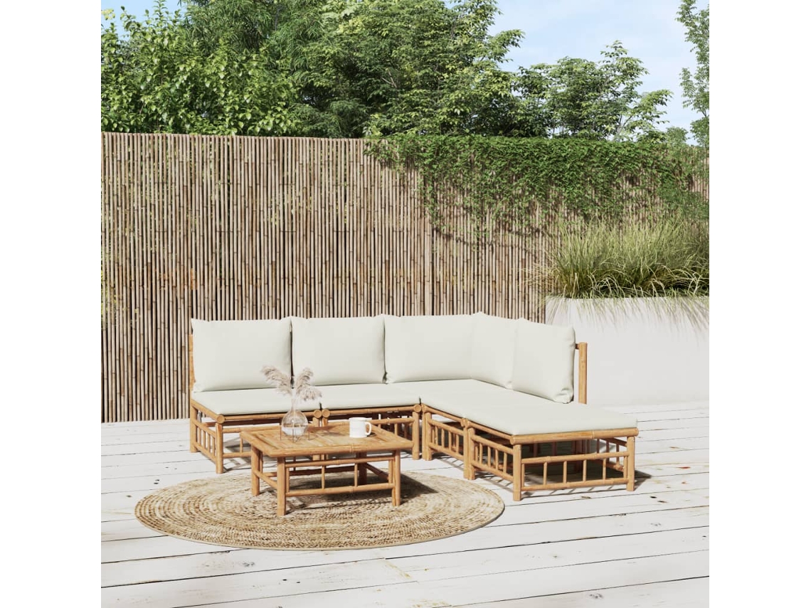 Vidaxl 6 Pcs Conjunto Lounge De Jardim Bambu C/ Almofadões Branco Nata