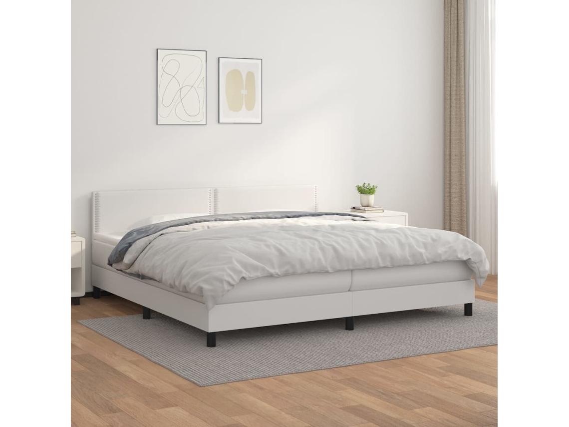 Cama Com Molas/colchão 200x200 Cm Couro Artificial Branco