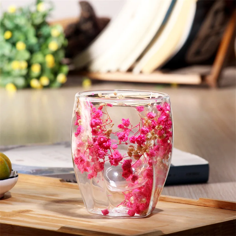 Caneca Personalizada com Estampa Floral Transparente de Parede Dupla MDUG (rosa, 300ml)