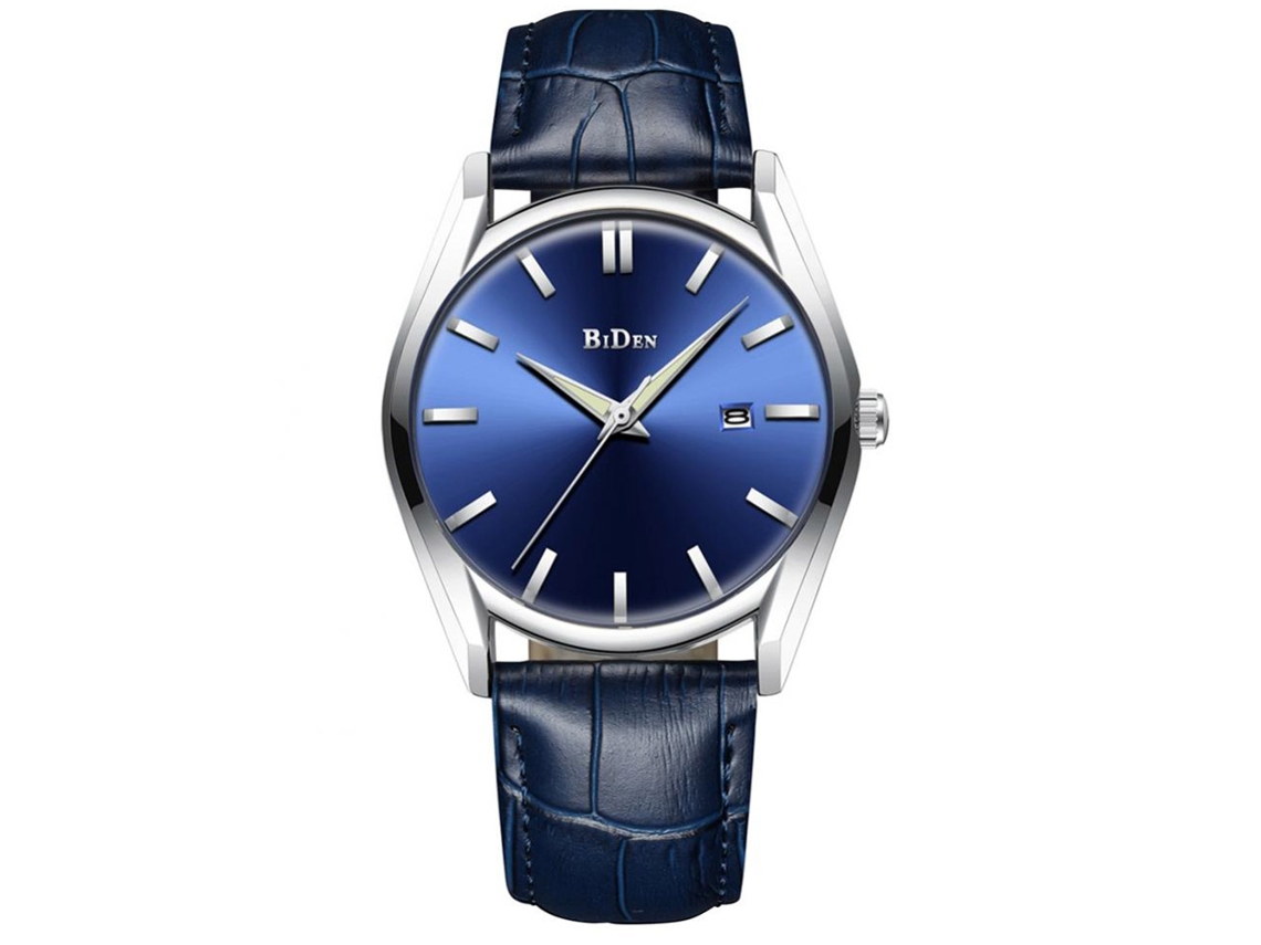 Relógio de pulso masculino Biden em couro PU à prova d'água com calendário, movimento de quartzo e mostrador azul.
