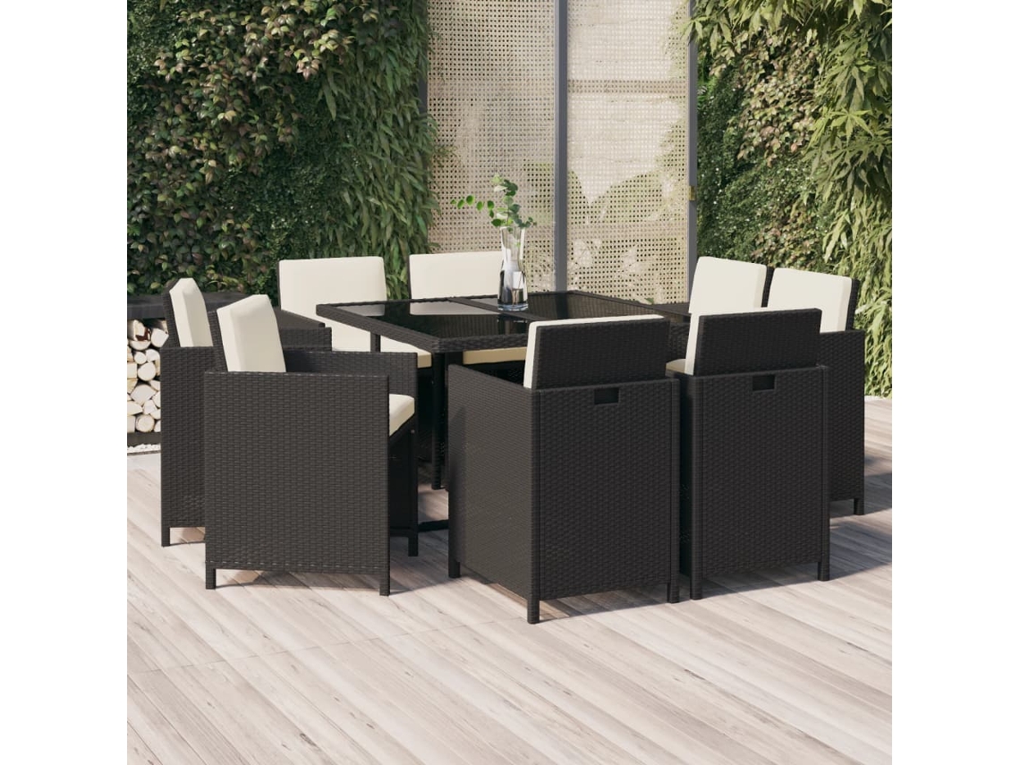 Conjunto 9 Peças Jantar P/ Jardim C/ Almofadões Vime Pe Preto Dkd Home Decor