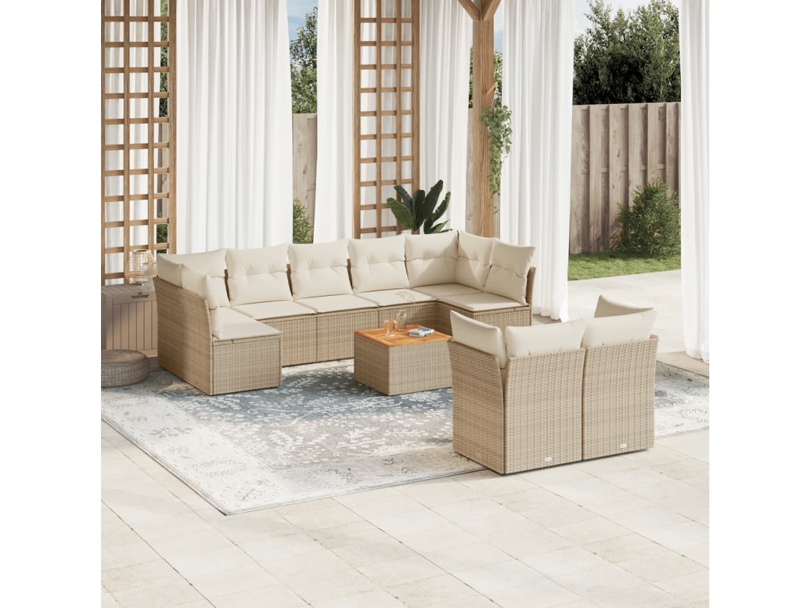 Vidaxl 10 Pcs Conjunto De Sofás P/ Jardim Com Almofadões Vime Pe Bege