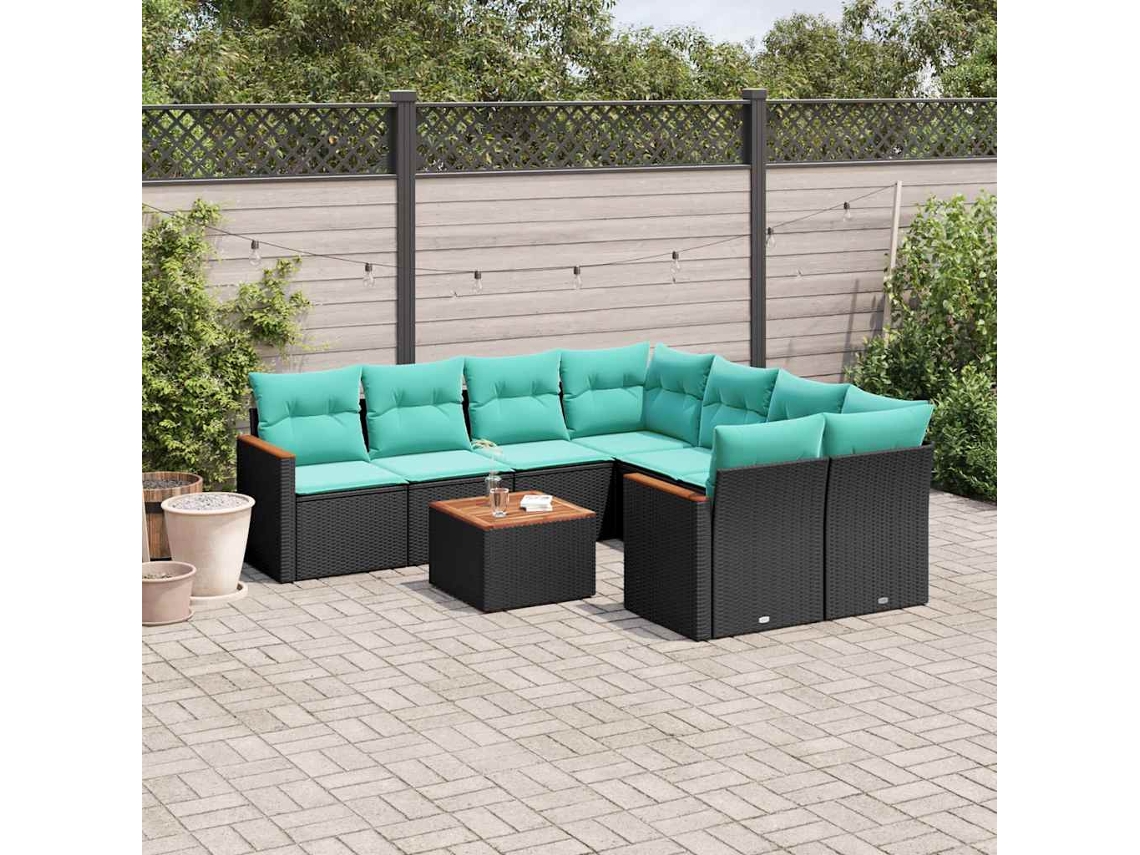 Vidaxl Conjunto De Sofá De Jardim De 9 Peças Com Almofadas Em Rattan Sintético Preto