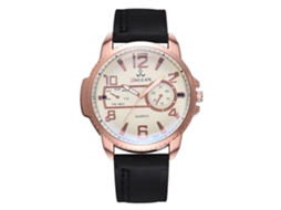 Relógio masculino de quartzo com caixa em ouro rosa e pulseira de PU preta.