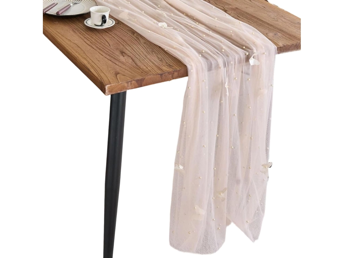 Caminho De Mesa De Tule Bordado Com Pérolas E Borboletas Para Decoração.