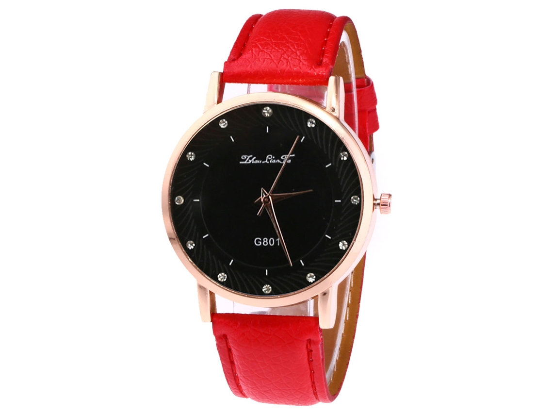 Reloj De Cuarzo Con Correa De Cuero Pu Zhoulianfa Rojo Con Strass Dial Redondo Unisex