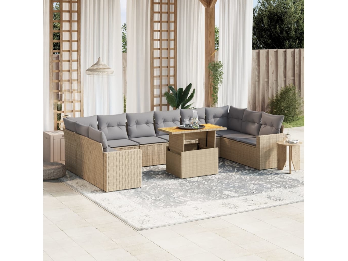 Vidaxl 11 Pcs Conjunto Sofás de Jardim C/ Almofadões Vime Pe Bege