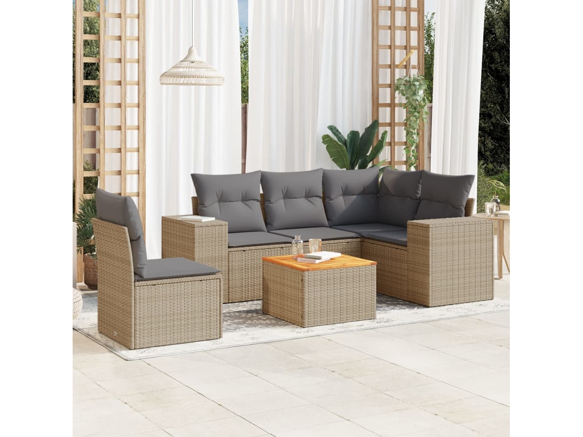 Vidaxl 6 Pcs Conjunto De Sofás P/ Jardim Com Almofadões Vime Pe Bege
