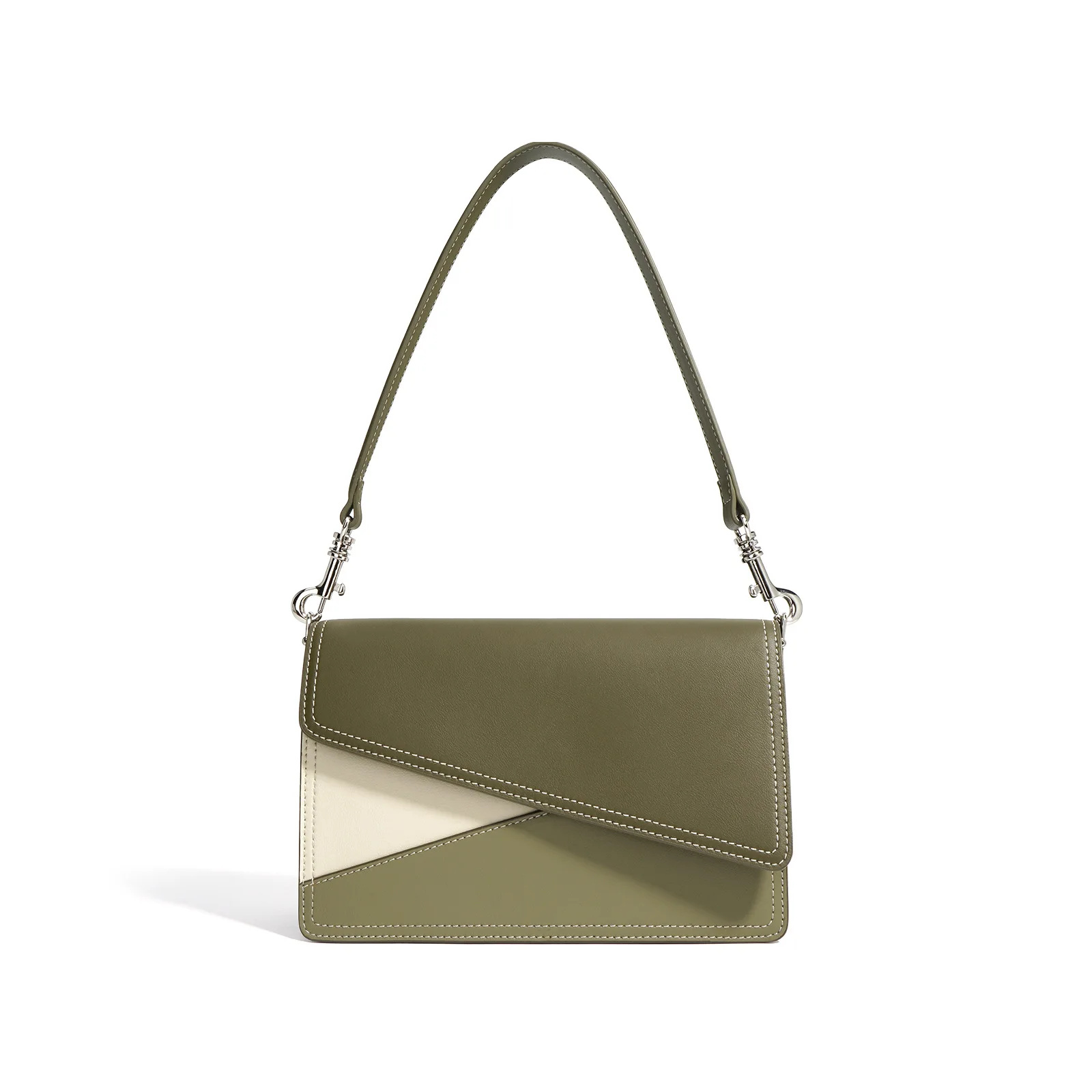 (m7818 - Verde Militar) Nova Bolsa De Ombro Feminina Em Couro Genuíno Com Estampa Geométrica E Blocos De Cores