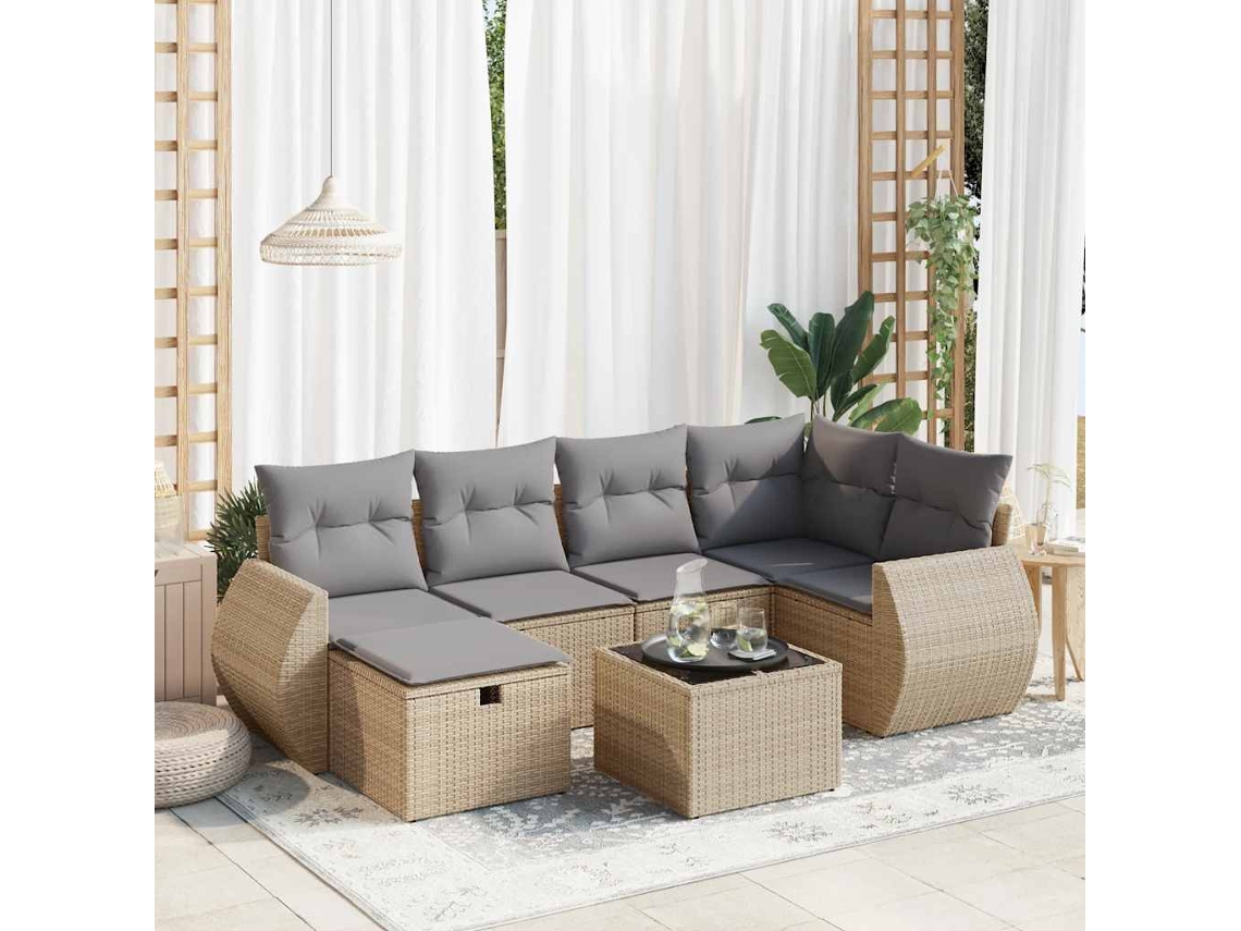 Vidaxl 7 Pcs Conjunto De Sofás P/ Jardim Com Almofadões Vime Pe Bege