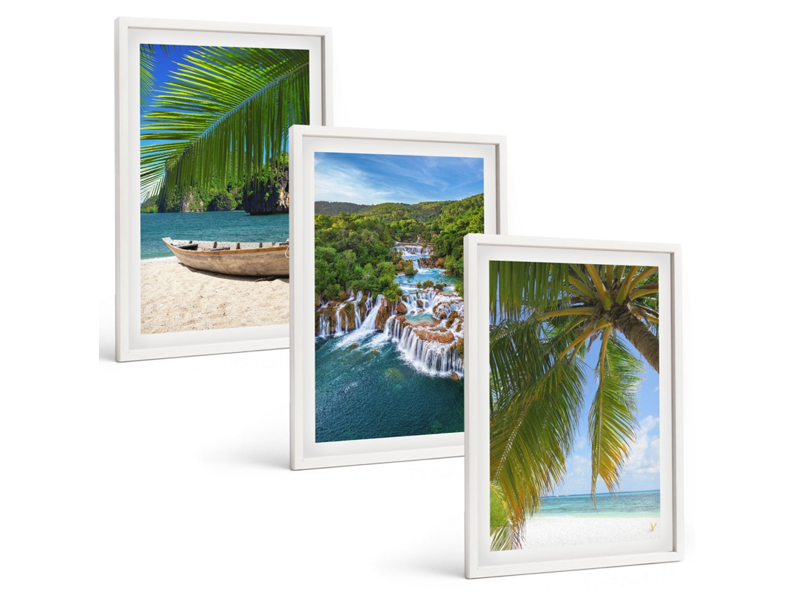 Composição De Quadros Na Parede Praia, Barco, Cachoeiras, Palmeiras Moldura Branca Imagens Para Um Quarto Infantil Espelharte (3 Piezas De 40x60 Cm)