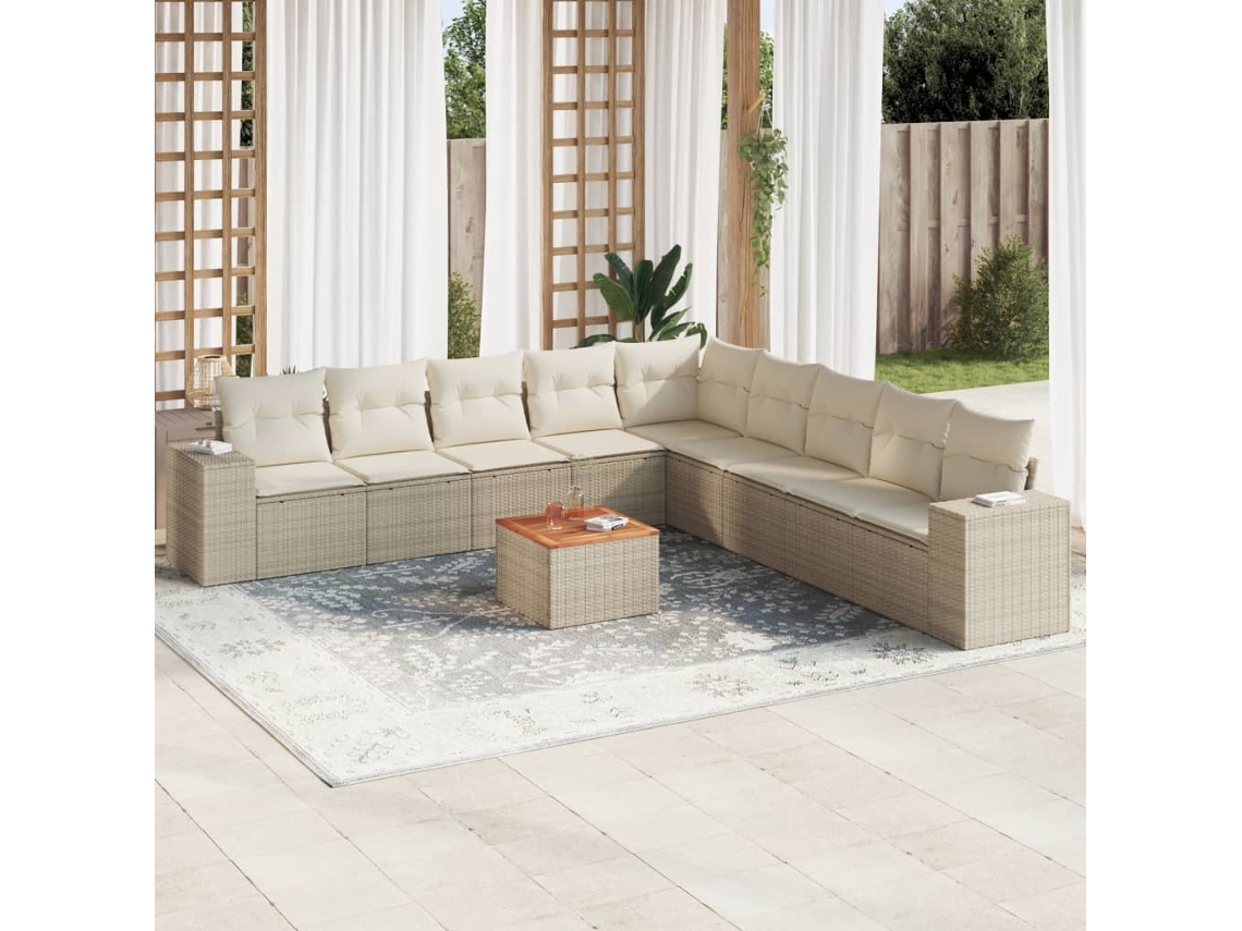 Vidaxl 10 Pcs Conjunto De Sofás P/ Jardim Com Almofadões Vime Pe Bege
