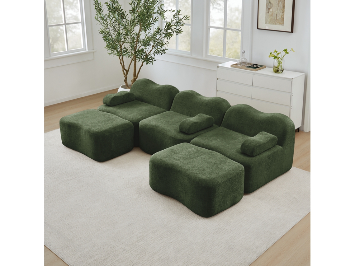 Sofá Modular Em U Verde, 3 Lugares Com 2 Pufes, Espuma Densa 32d, Assento Fundo, Almofada De Braço Móvel, Forma Ondulada.