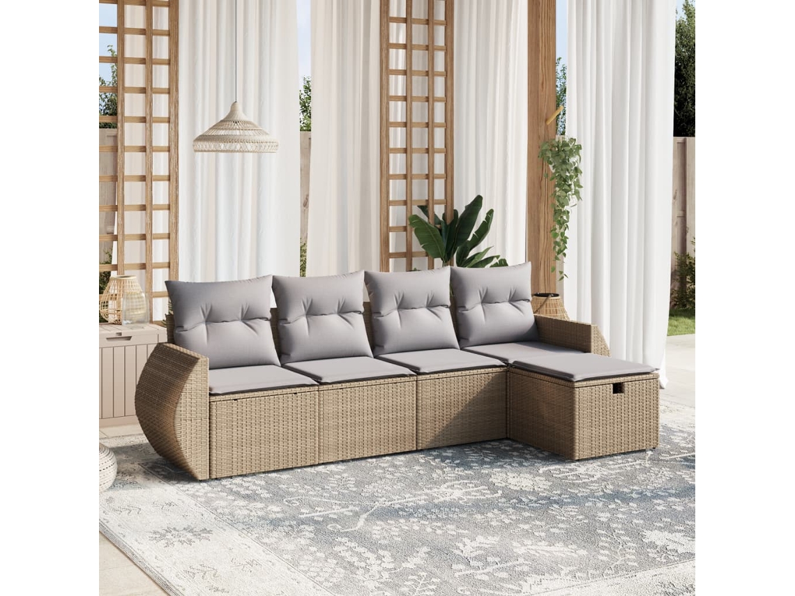 Vidaxl 5 Pcs Conj. Sofás Jardim C/ Almofadões Vime Pe Bege Misturado