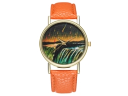 Reloj De Cuarzo Con Correa De Cuero Pu Moda Dial Redondo Ilustración Meteorito Naranja