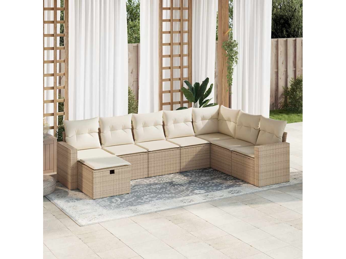 Vidaxl 8 Pcs Conjunto De Sofás P/ Jardim Com Almofadões Vime Pe Bege
