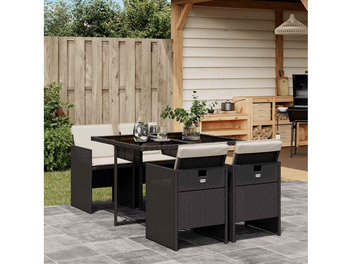 Vidaxl 5 Pcs Conjunto de Jantar P/ Jardim C/ Almofadões Vime Pe Preto