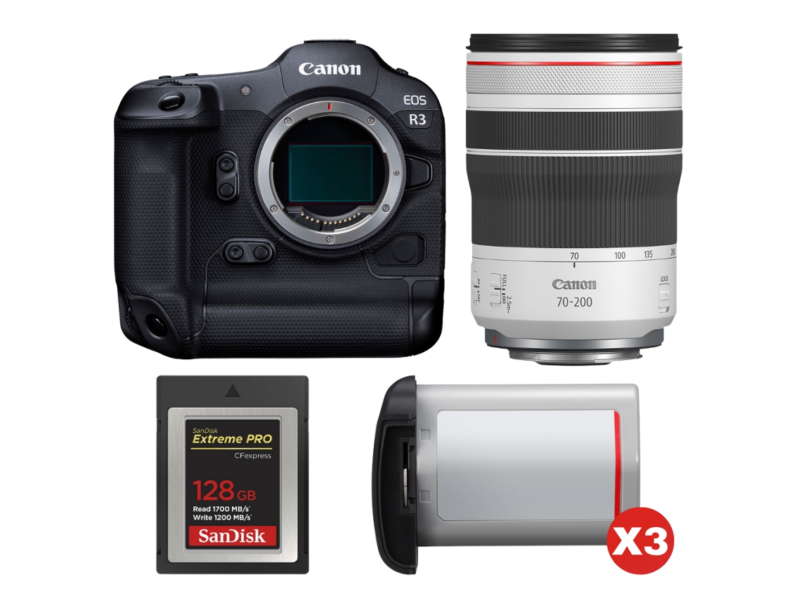 Eos R3 + Rf 70 200mm F/4 L Is Usm + 1 Sandisk 128gb Extreme Pro Cfexpress Type B + 3 Canon Lp e19 + Ebook “20 Dicas para Fotos Que Impressionam” CANON