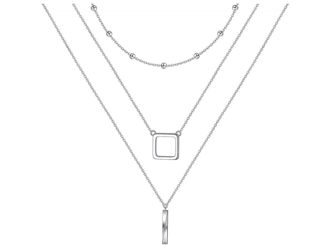 Collares De Prata Ley 925 De Três Camadas Com Pingente Geométrico Para Mulher Ajustável Com Extensor De 2 Polegadas Praça Do Bar