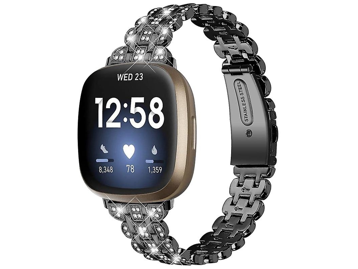 Pulseira de relógio inteligente com fivela de metal e decoração de strass para Fitbit Versa 3/Fitbit Sense Ly Ebike
