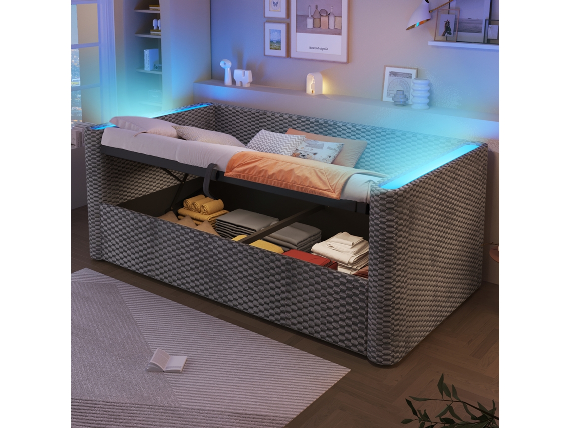 Tagesbett 90x200 Cm Com Led E Armário Hidráulico Em Veludo Cinza