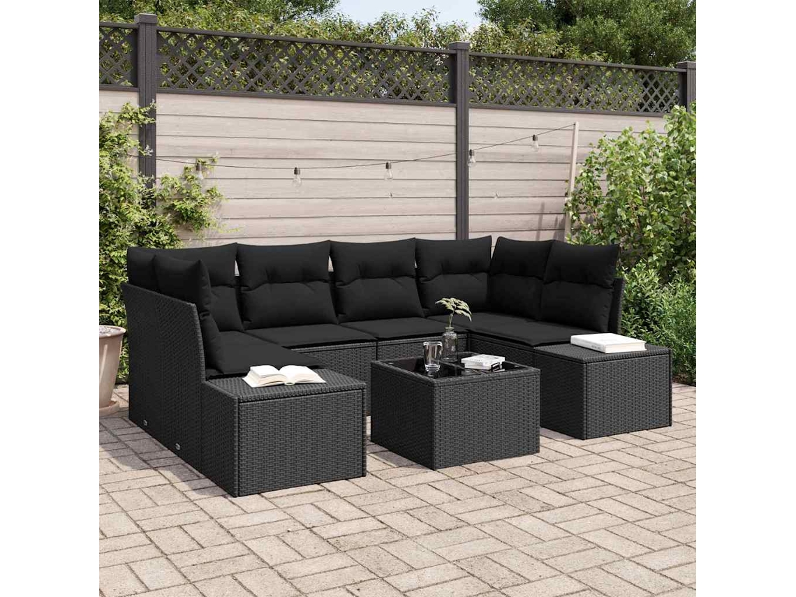Vidaxl Conjunto De Sofá De Jardim Com Almofada 8 Pcs Preto Vime Pe