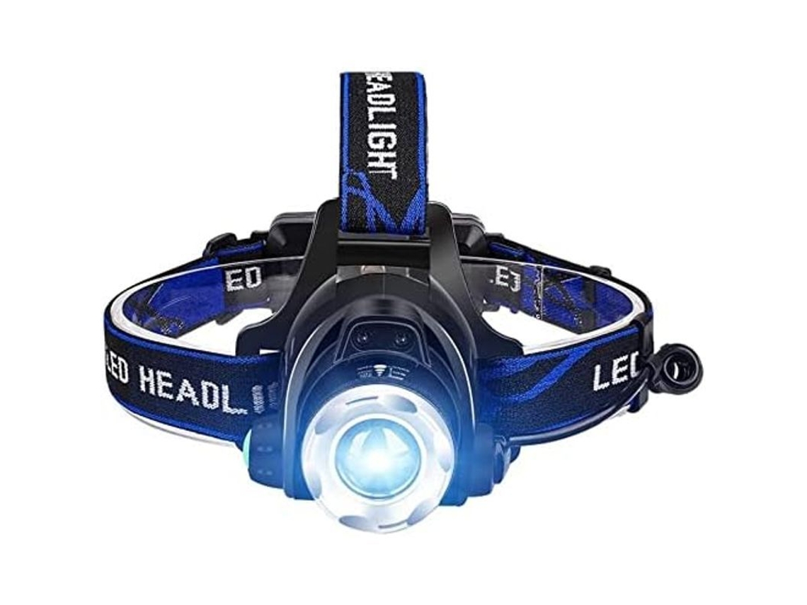 Lanterna de cabeça LED recarregável via USB com cabo e 2 baterias, sensor de controle, ideal para pesca e atividades ao ar livre.
